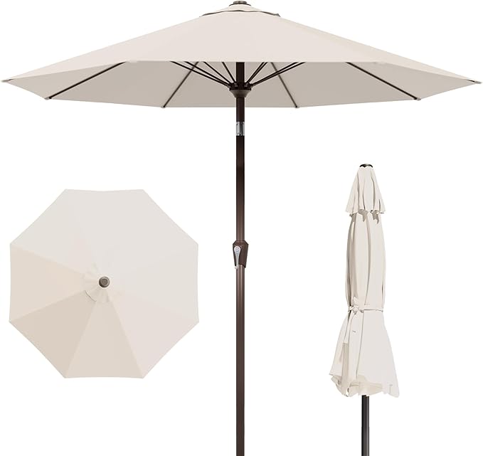 9FT Patio Umbrella Outdoor with Auto-Tilt Crank & 8 Sturdy Fiberglass Ribs