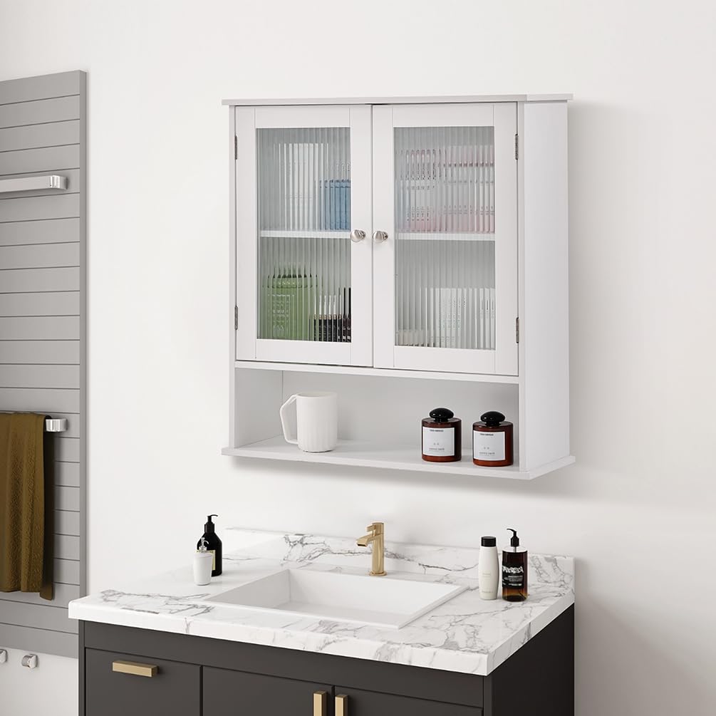 Bathroom Wall Cabinet with Glass Door, Bathroom Cabinet Wall Mount with Open Shelf