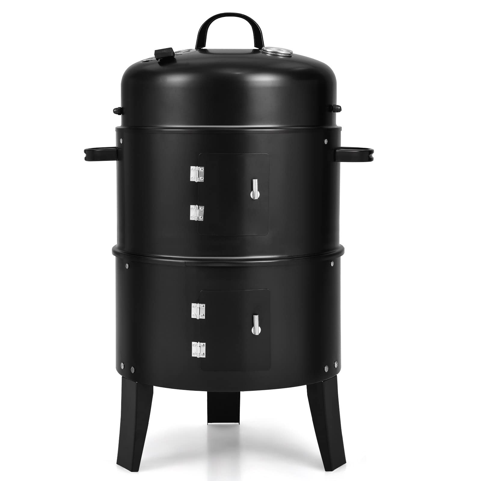 1 Charcoal BBQ Smoker, Outdoor Grill Cooker with Built-in Thermometer and 6 Hooks