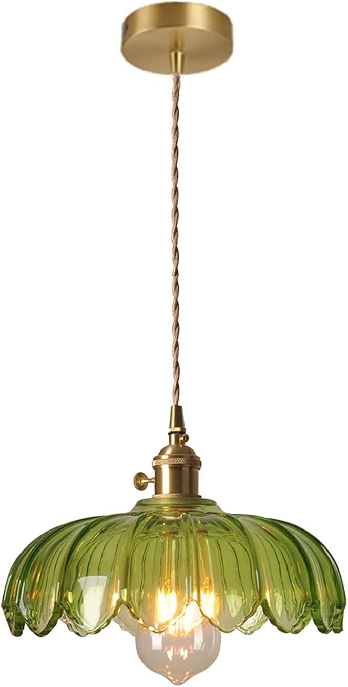 Grass Green Glass Pendant Light Fixtures Medium 9.8 Inches Lampshade Gold Brass Finish