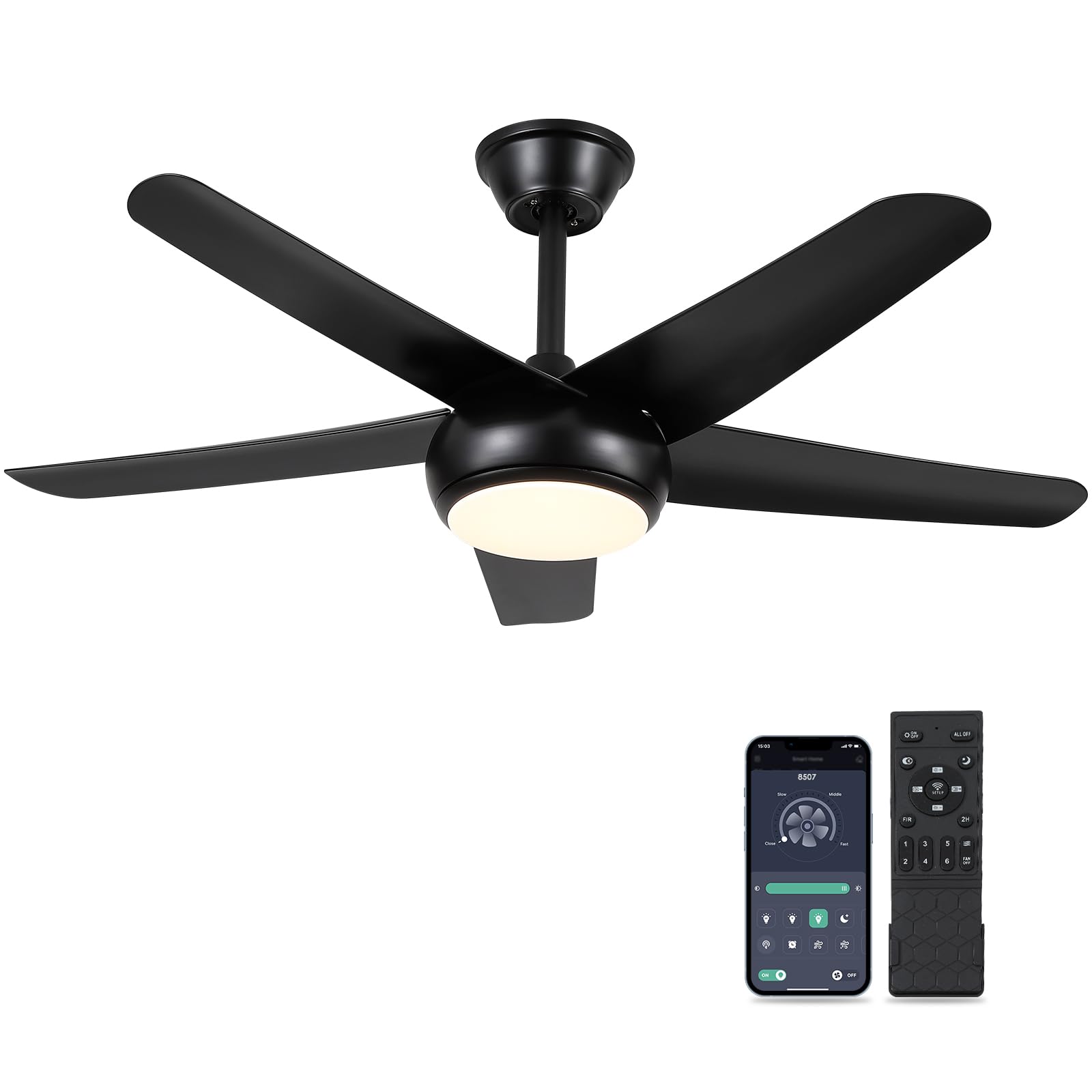 44" Black Ceiling Fan with Lights - Low Profile Ceiling Fans with 5 Reversible Blades