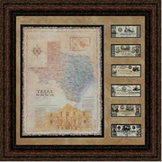 Alamo Map With Replica Texas Currency In Custom Frame, Texas Wall Art Decor 34X32 Inches
