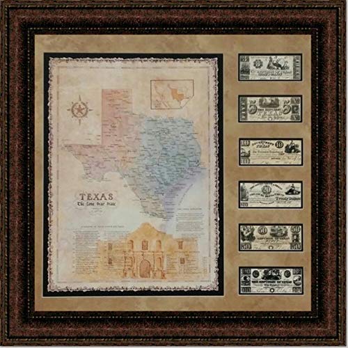 Alamo Map With Replica Texas Currency In Custom Frame, Texas Wall Art Decor 34X32 Inches