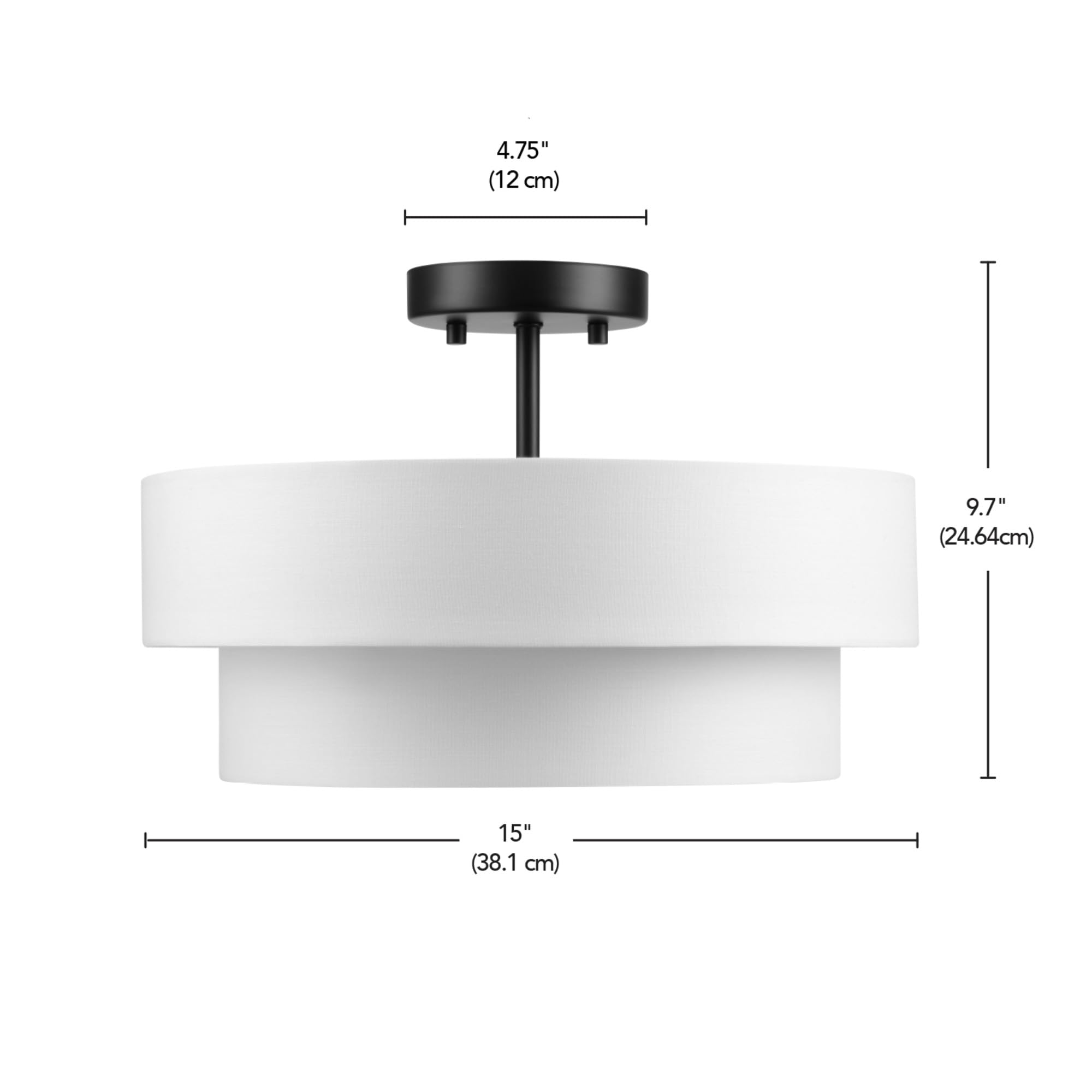 2-Light Semi-Flush Mount Ceiling Light, Matte Black, 2-Tier, White Linen Shade