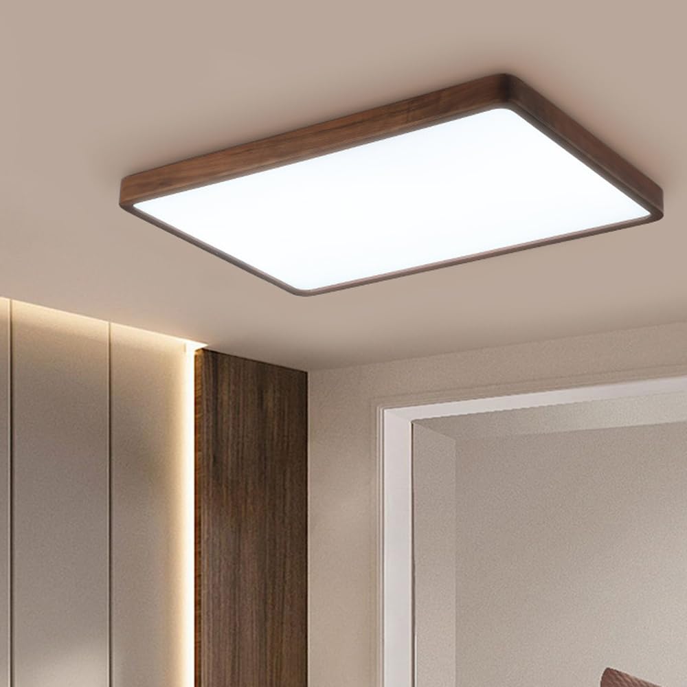 Rectangle LED Flush Mount Ceiling Light, Chinese Retro Black Walnut Ceiling Lamp