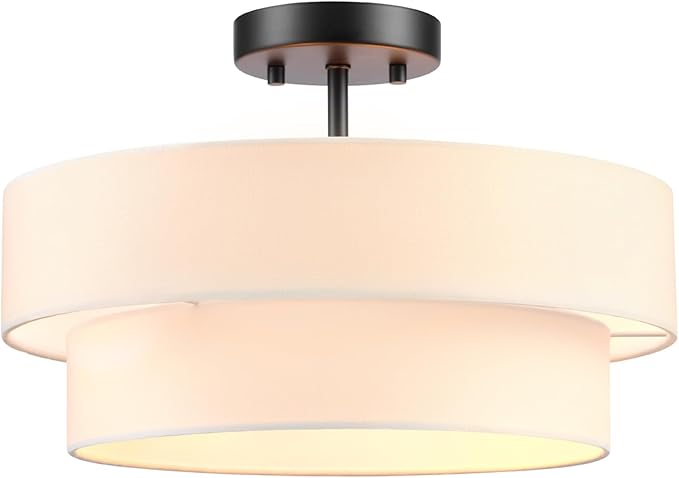 2-Light Semi-Flush Mount Ceiling Light, Matte Black, 2-Tier, White Linen Shade