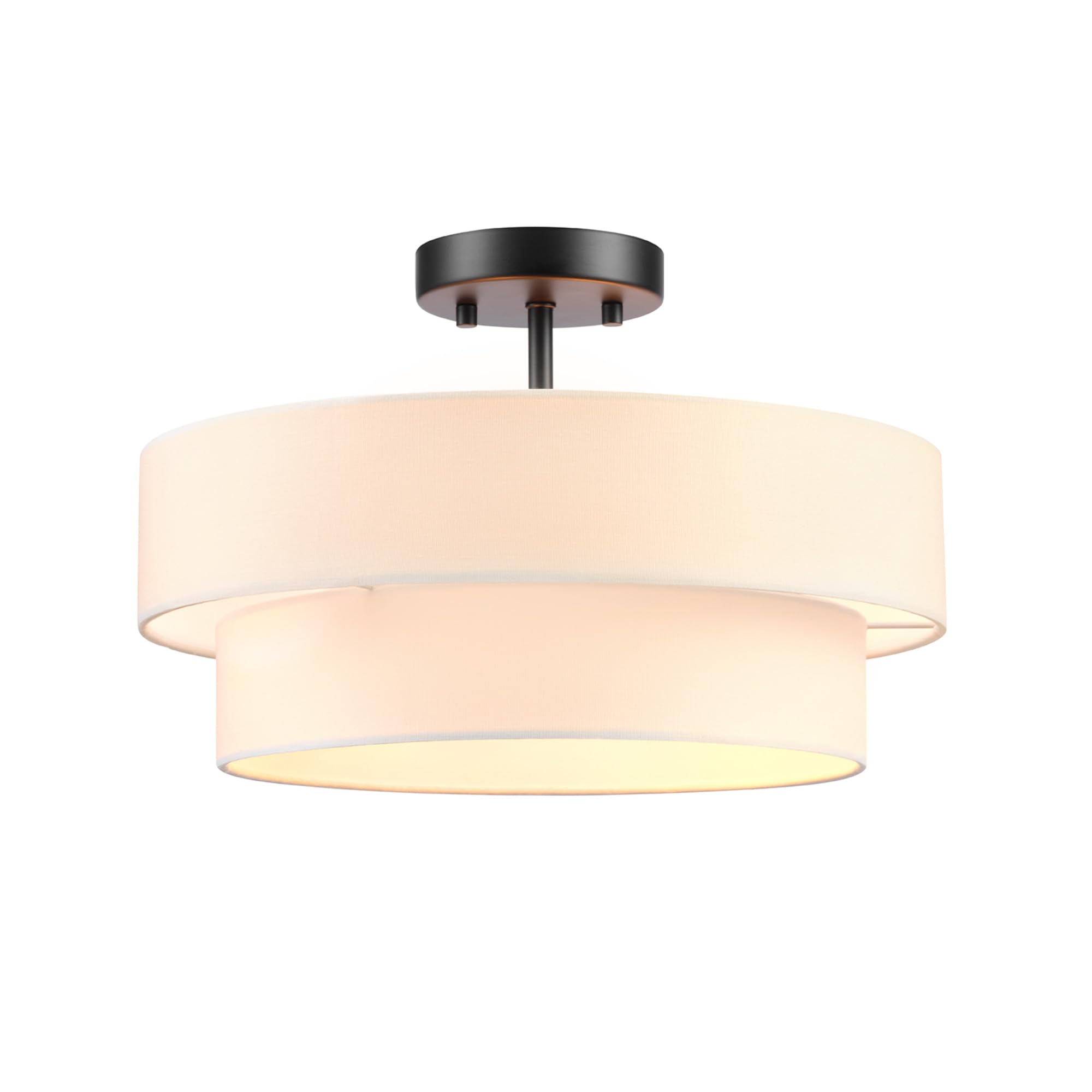 2-Light Semi-Flush Mount Ceiling Light, Matte Black, 2-Tier, White Linen Shade