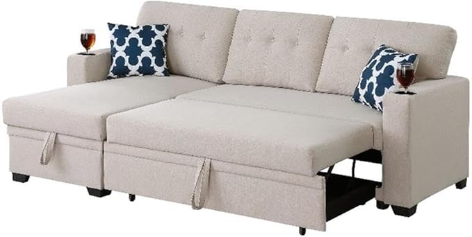 Reversible Fabric Sleeper Sofa Bed & Chaise with Cup Holder-Beige