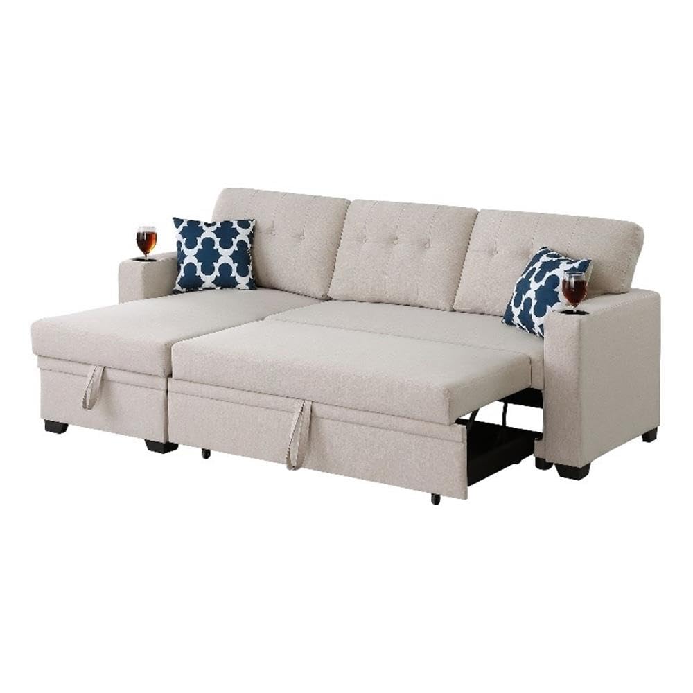 Reversible Fabric Sleeper Sofa Bed & Chaise with Cup Holder-Beige