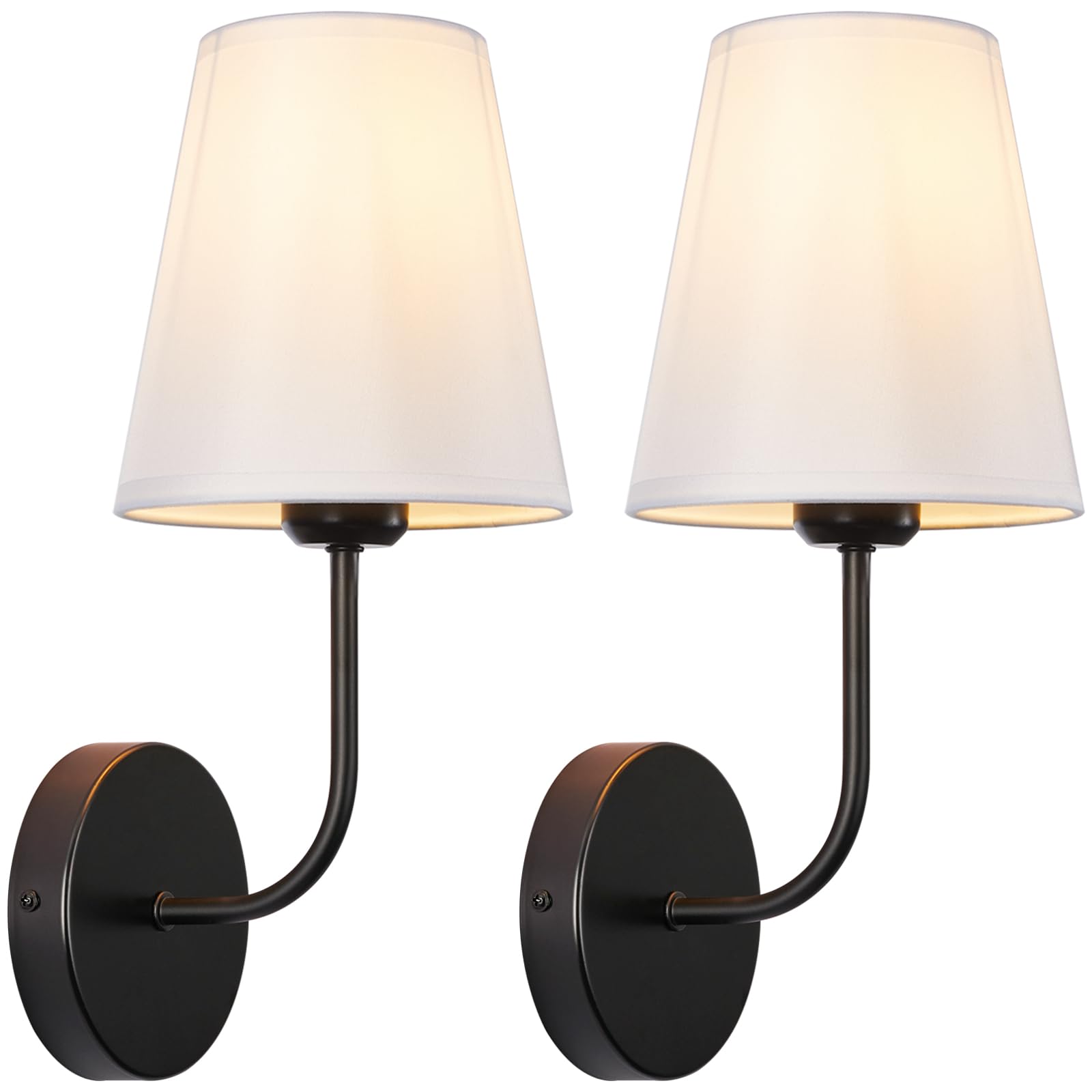 Hardwired Wall Sconce Set of 2 – Matte Black Finish with White Fabric Shades