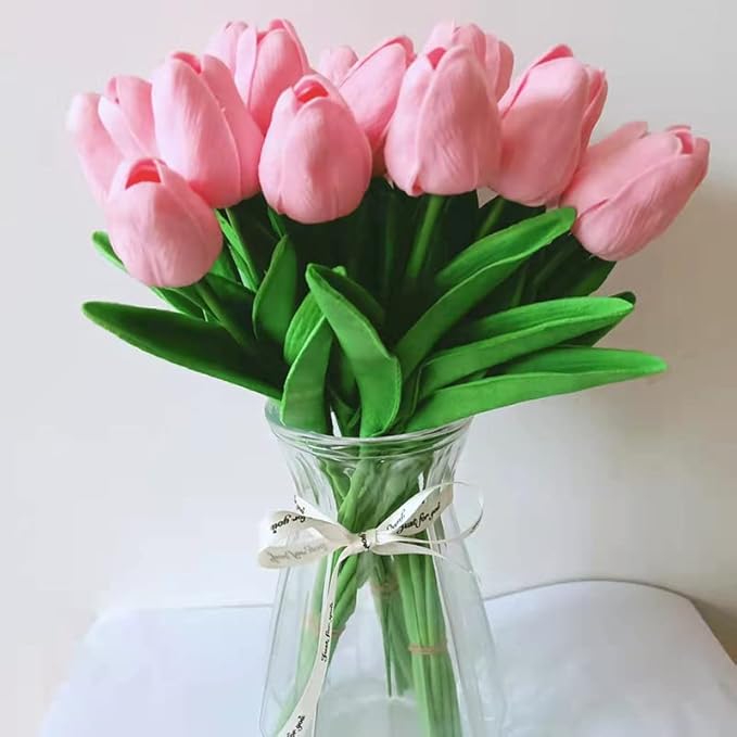 20PCS Realistic Faux Tulips with Bulbs Pink & White Artificial Flowers