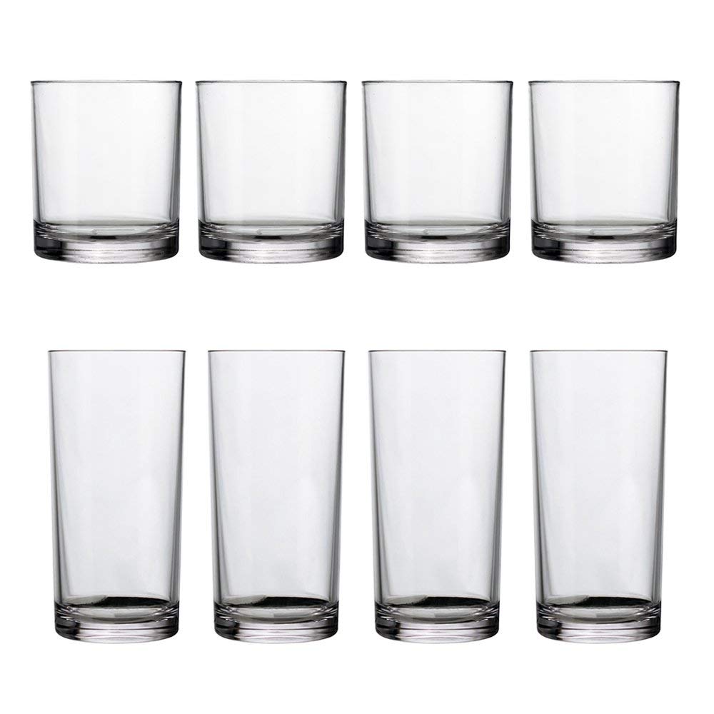 Classic Clear Plastic Reusable Drinking Glasses (Set of 8) 12oz Rocks & 16oz Water