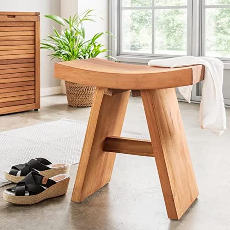 LINKLIFE Teak Shower Stool - 18" Teak Shower Bench Bathroom Seat Wooden Natural, Fully Assembled