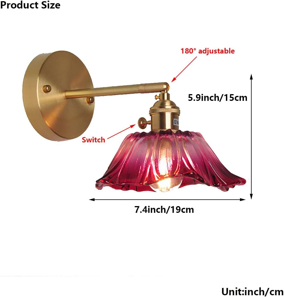 Wlmehujj Wall Lights with Switch, Glass Shade Vintage Modern Adjustable Arm Wall Sconces Lighting E27 Single Head Industrial Brass Wall Lamps for Bedroom Living Room Hallway Loft Study (Style B)