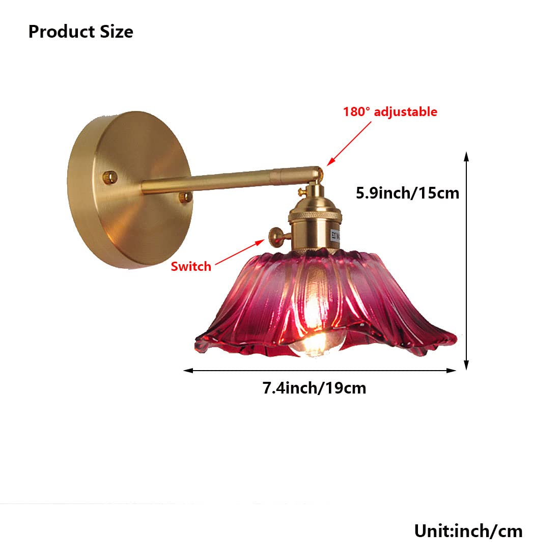 Wlmehujj Wall Lights with Switch, Glass Shade Vintage Modern Adjustable Arm Wall Sconces Lighting E27 Single Head Industrial Brass Wall Lamps for Bedroom Living Room Hallway Loft Study (Style B)