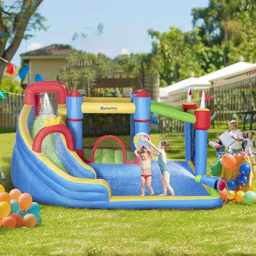 6-in-1 Inflatable Bounce House with Slide, Climbing Wall, Water Cannon
