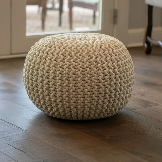 Lola Round Knit Lurex Yarn and Cotton Pouf, Off-White 20x20x14
