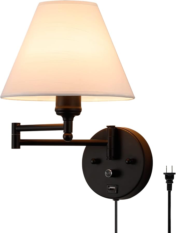 Swing Arm Wall Sconces, Plug-in Wall lamp,Bedroom Wall lamp ， White Fabric Shade，，with dimmable Switch and USB Charging Port, Suitable for Bedside, Living Room, Reading (Nickel)