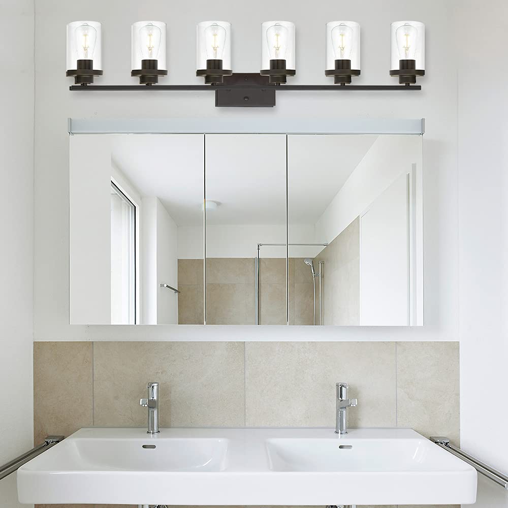 Farmhouse Vanity Lighting Fixtures Oil Rubbed Bronze 6 Light with Glass Shade Bathroom