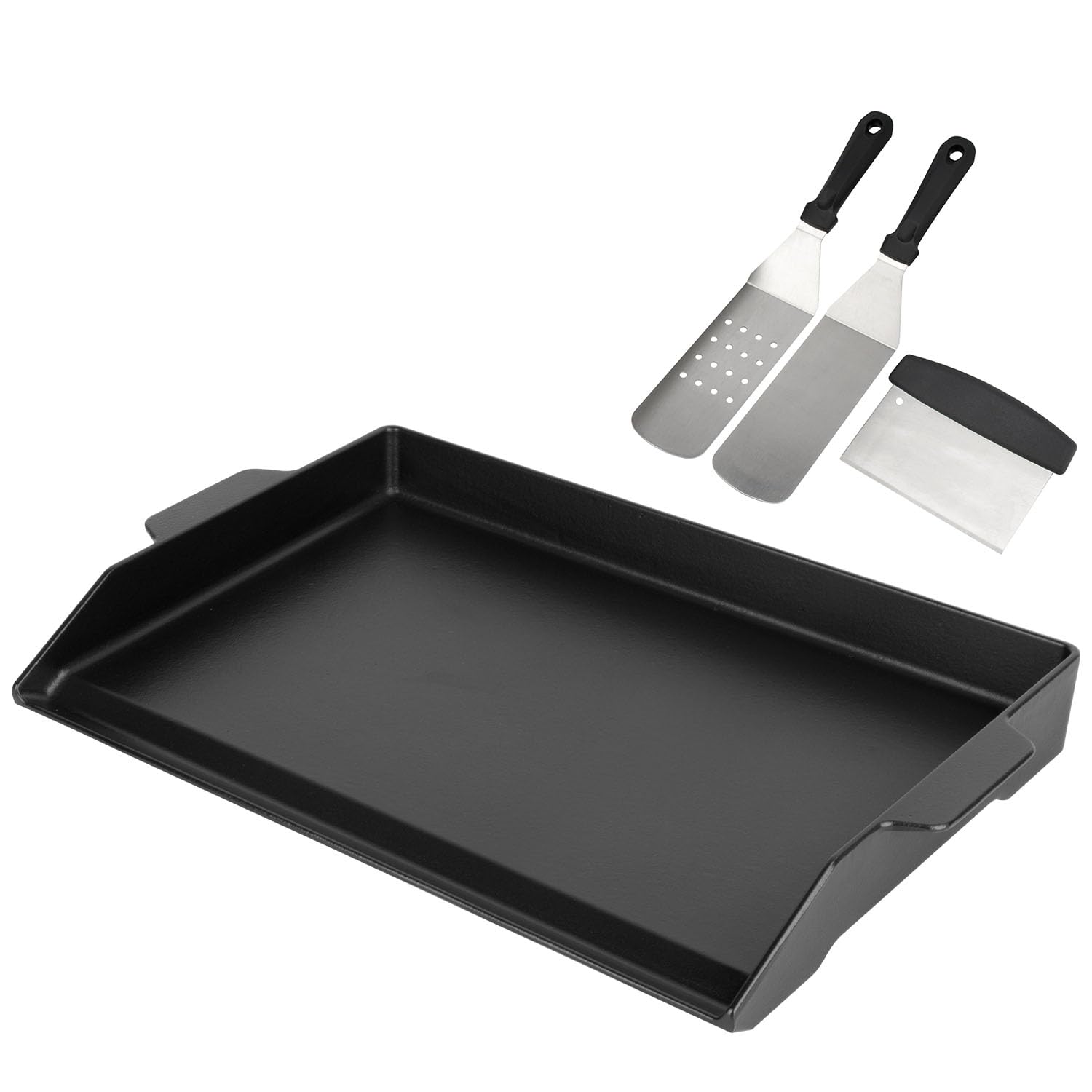 Universal Cast Iron Griddle for Gas Grill with Spatula Set, 23" x 16" Pre-Seasoned Nonstick