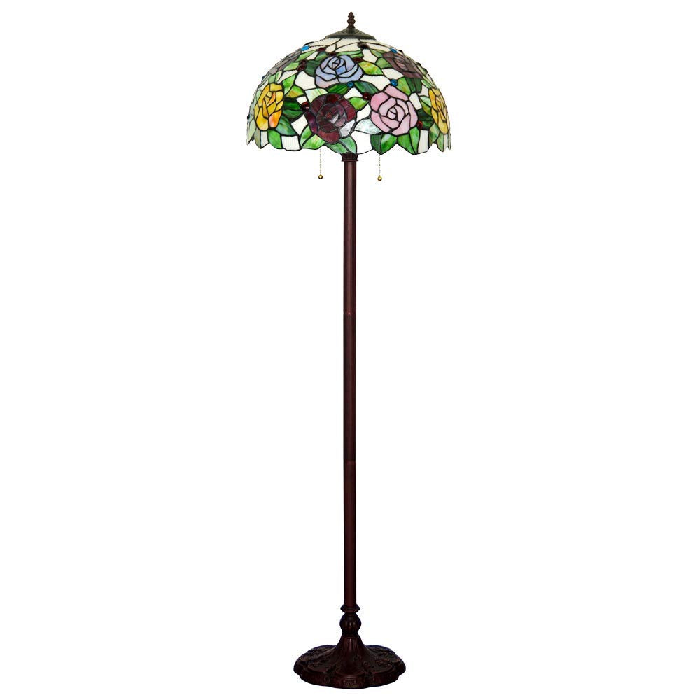 Tiffany Style Floor Lamp 16 Inch Wide Rose Design Stained Glass Shade 2-Light Antique