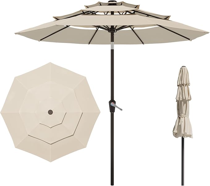 9FT 3 Tiers Patio Umbrella with Push Button Tilt/Crank, Outdoor Market Umbrella
