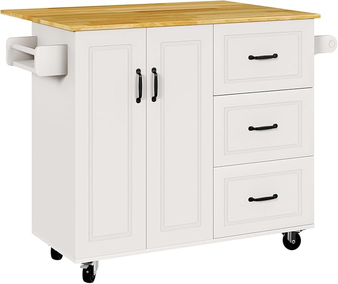 Rolling Kitchen Island with Storage, 43" Kitchen Island Cart with Drop Leaf & Spice