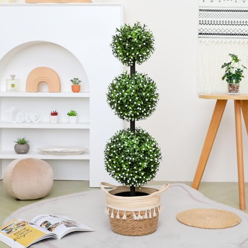 3FT Artificial Topiaries - Front Porch Plant, Outdoor Boxwood Topiary Trees Set of 2