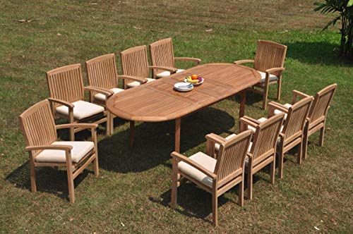 10 Seats 11 Pcs Grade-A Teak Wood Dining Set: 94" Double Extension Oval Table