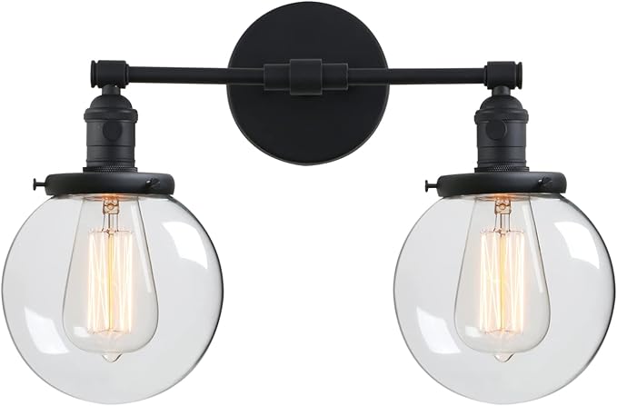 Industrial Wall Light Hardwired Double Wall Sconce with 5.9 Inches Round Clear Glass