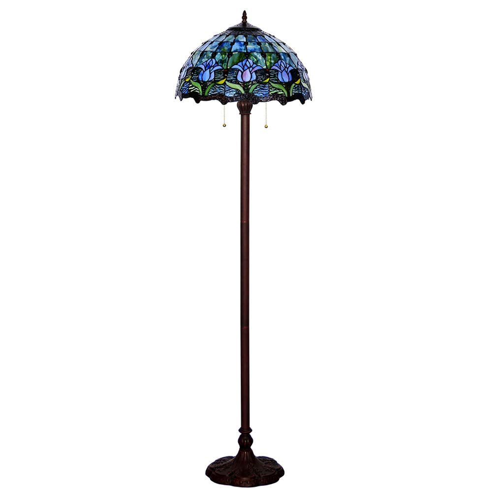 Tiffany Style Floor Lamp 16 Inch Wide Blue Tulip Design Stained Glass Shade 2-Light Iron