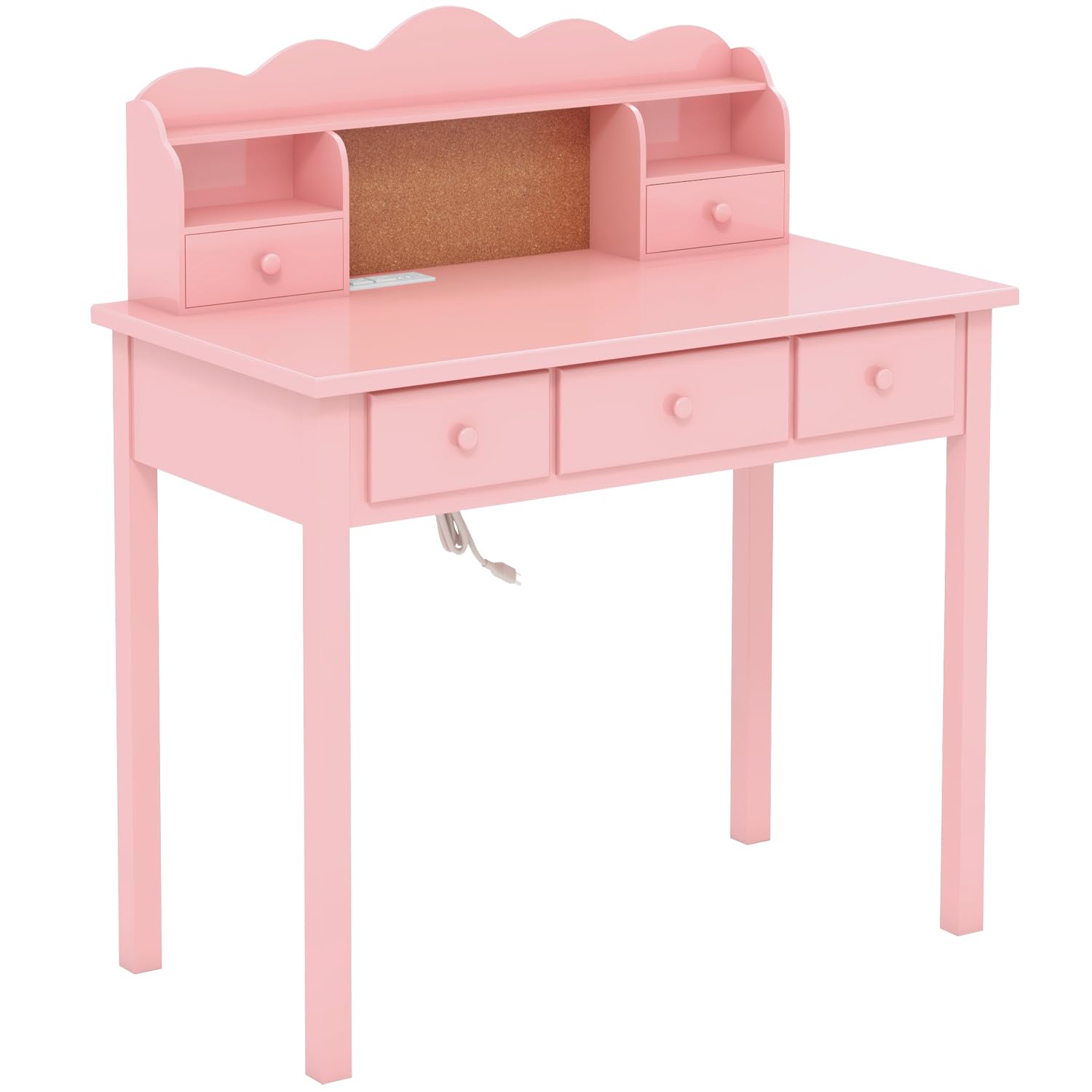 Pink Writing Desk with Hutch and Drawers, 36 Inch Home Office Desk with Charge