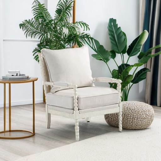 Kaylee Spindle Accent Chair with Antique White Wood Frame, White Linen Fabric