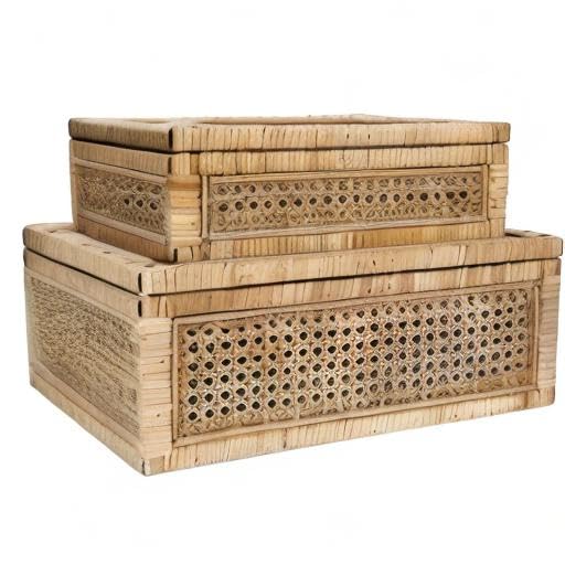 Modern Decorative Rectangle Woven Rattan and Wood Display Boxes