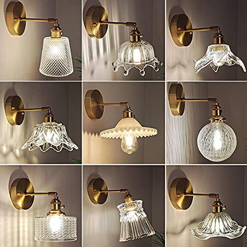 CraftThink LED Wall Sconce, Brass Finish Single-Bulb Wall Lamp Rustic Clear Ribbed Glass Crown Wall Mounted Lighting with Swing Arm for Bedside lamp Living Room Porch Hallway Restaurant Foyer-H