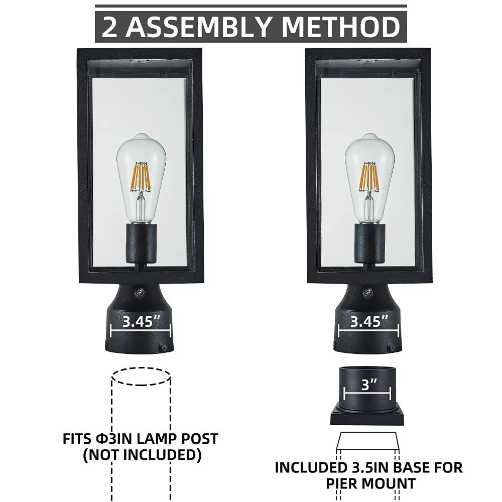 Windben Large 15 inch Dusk to Dawn Outdoor Post Light,Waterproof Cast Aluminium Lamp Post Light Fixture,Post Lantern with Pier Mount Base,Matte Black,Suitable for Garden,Yard,Driveway,etc