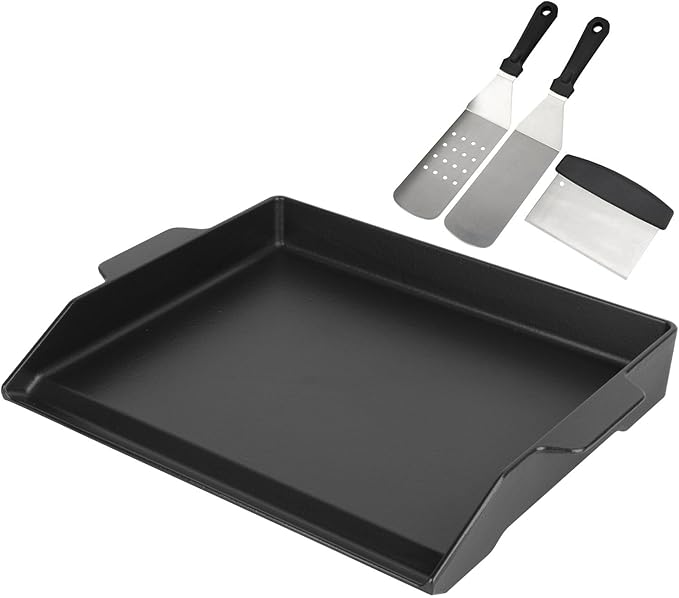 Universal Cast Iron Griddle for Gas Grill with Spatula Set, 23" x 16" Pre-Seasoned Nonstick