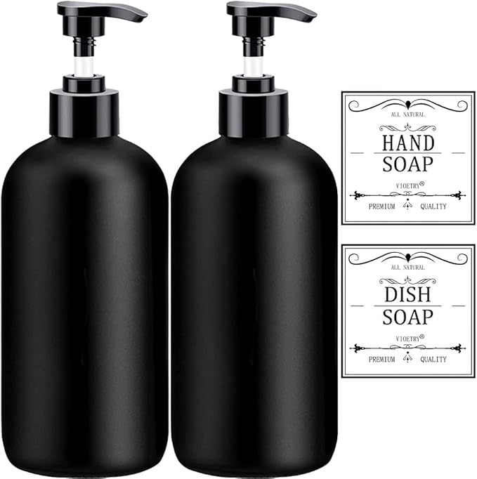 Clear Soap Dispenser with Rust Proof Pump, Waterproof Labels (2 Pack,16 Oz)
