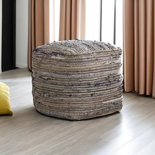 Absalom Hemp Pouf, 16 x 16 Inches, Multicolored,Ottomans and Poufs