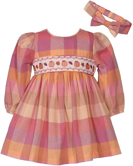 Thanksgiving Dress - Buffalo Check Pumpkin Smocked Dress with Headband for Baby