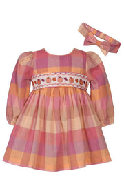 Thanksgiving Dress - Buffalo Check Pumpkin Smocked Dress with Headband for Baby