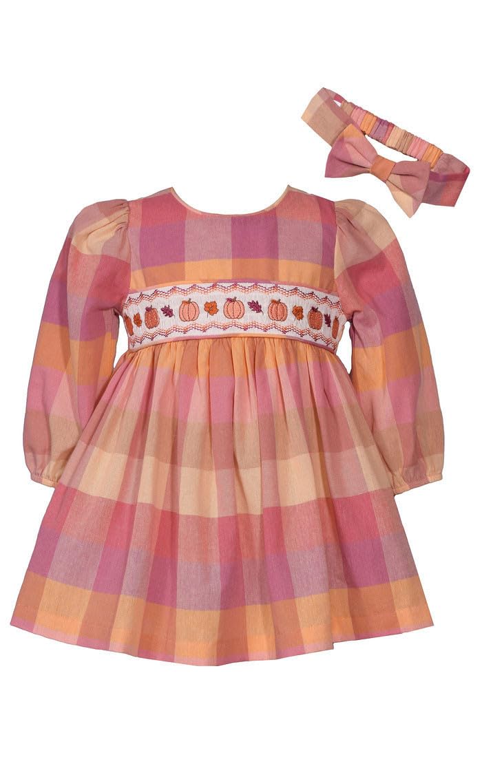 Thanksgiving Dress - Buffalo Check Pumpkin Smocked Dress with Headband for Baby