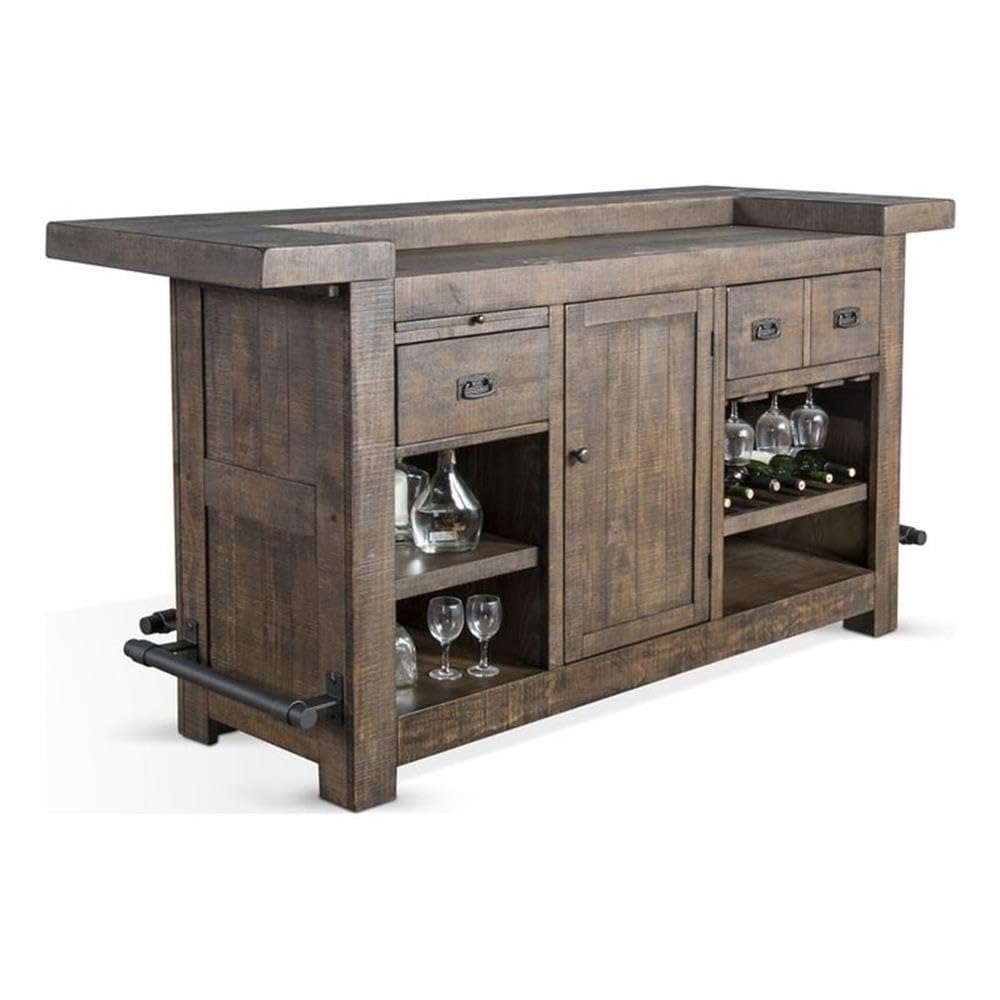 Wood Home Bar with 4 Shelves and 3 Drawers in Cherry (42" H x 80" W x 28" D) for Home
