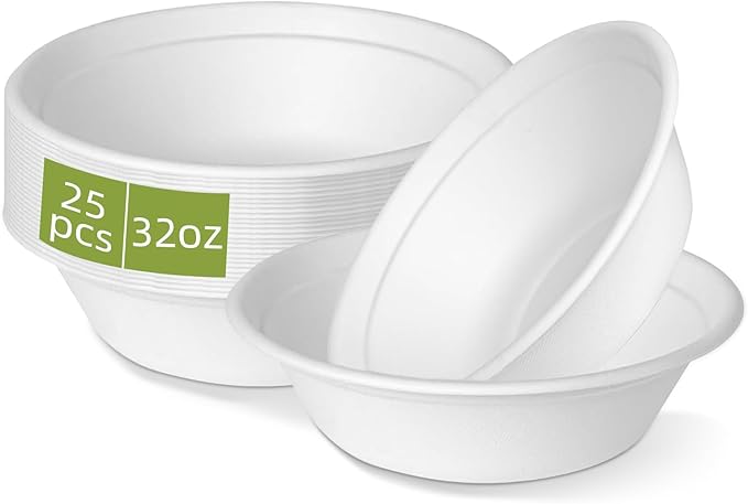 100 Pack 32 oz Paper Disposable Compostable Bowls Heavy Duty White