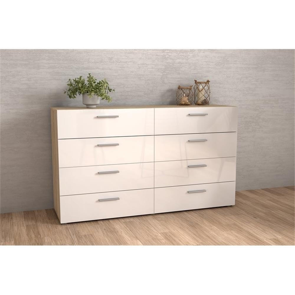 Austin 8 Drawer Double Dresser, Oak Structure/White High Gloss