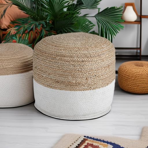 Sweed Valley Jute & Cotton Pouf, 19 x 19 Inches, Beige & White
