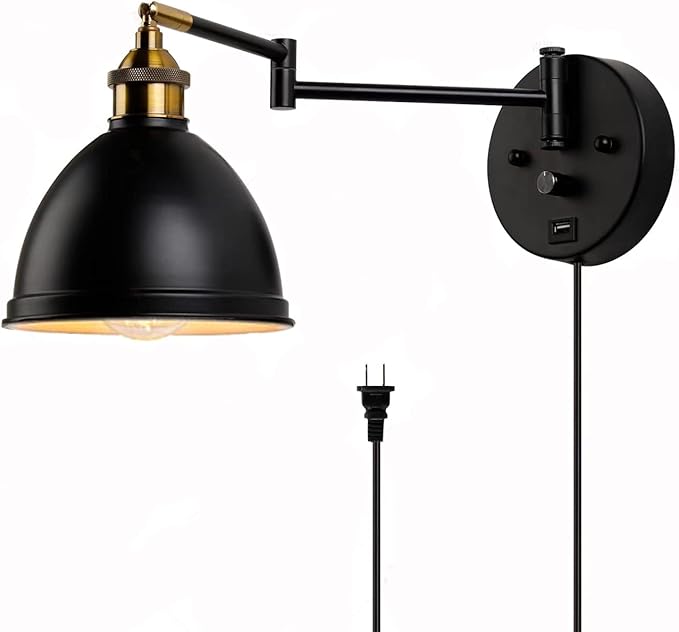 Swing Arm Wall Sconces, Plug-in Wall lamp,Bedroom Wall lamp ， White Fabric Shade，，with dimmable Switch and USB Charging Port, Suitable for Bedside, Living Room, Reading (Nickel)