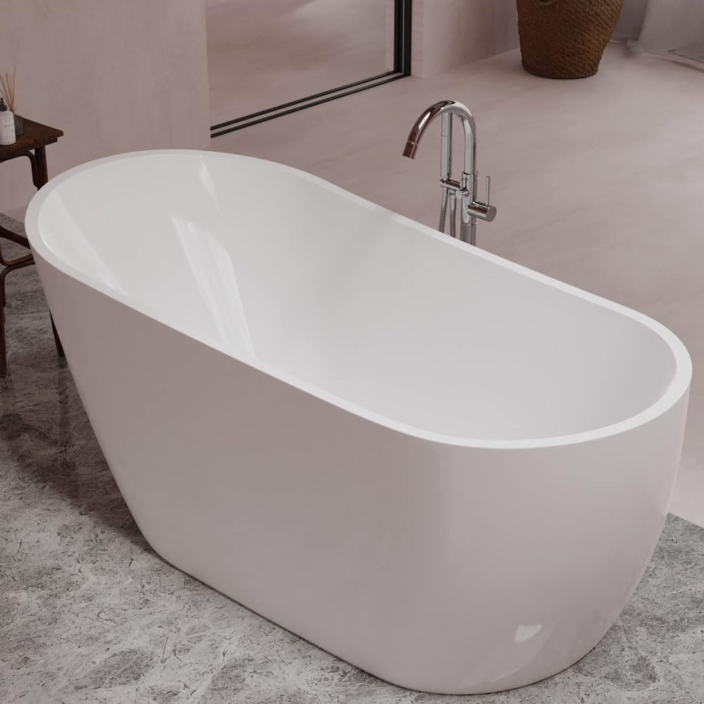 Freestanding Oval Tub, 67" Modern Glossy White Acrylic + Fiberglass Stand Alone Soaker