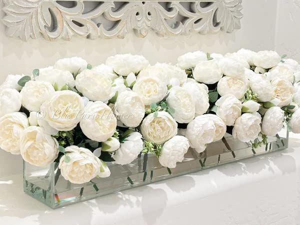 Modern Long White Rose Peony Arrangement, Artificial Faux Centerpiece Floral Flower