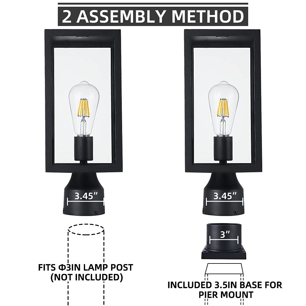 Windben Large 15 inch Outdoor Post Light,Waterproof Cast Aluminium Lamp Post Light Fixture,Post Lantern with Pier Mount Base,Matte Black,Suitable for Garden,Yard,Driveway,etc